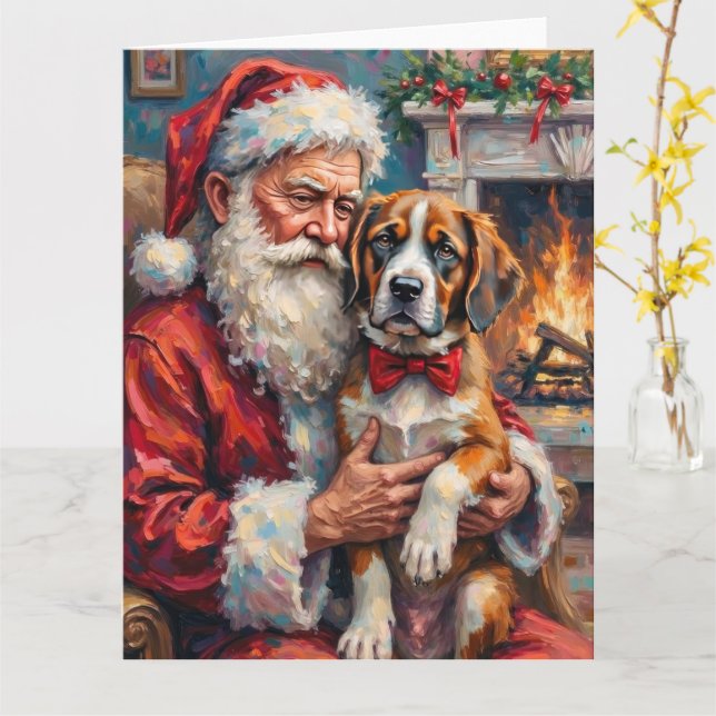 Tarjeta Santa Claus Holding Saint Bernard Christmas Art (flor amarilla)