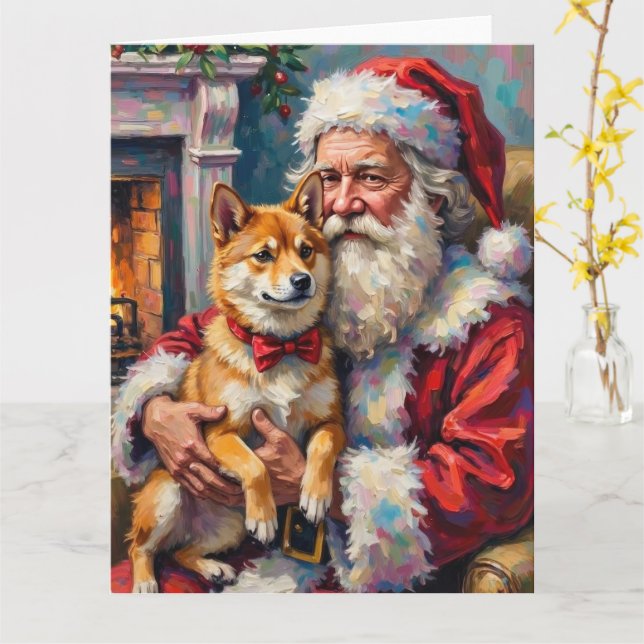 Tarjeta Santa Claus Holding Shiba Inu Christmas Art (flor amarilla)