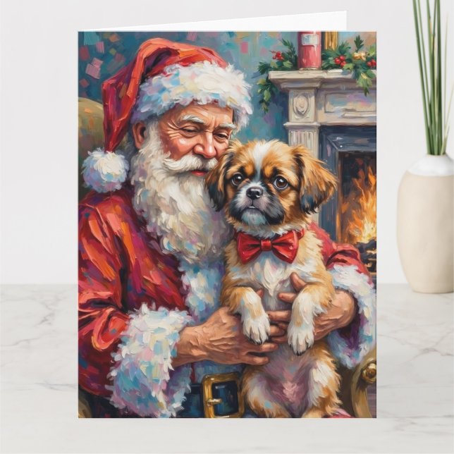 Tarjeta Santa Claus Holding Shih Tzu Christmas Art (Anverso)
