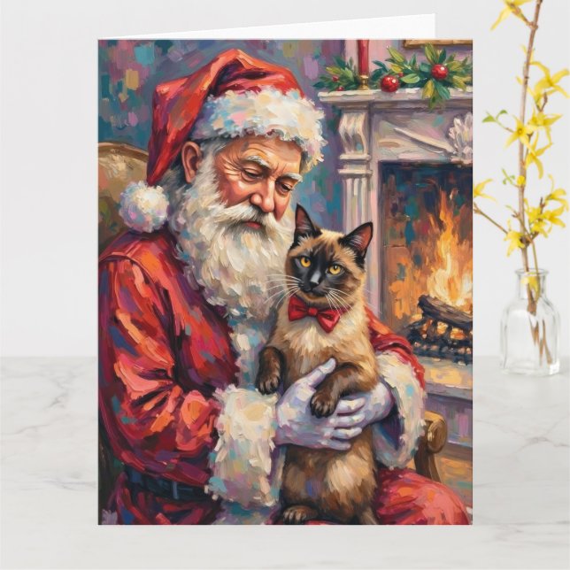 Tarjeta Santa Claus Holding Siamese Cat Christmas Art (flor amarilla)