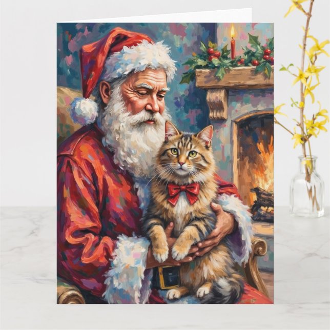 Tarjeta Santa Claus Holding Siberian Cat Christmas Art (flor amarilla)