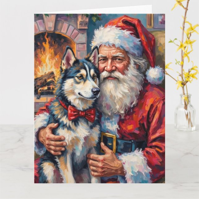 Tarjeta Santa Claus Holding Siberian Husky Christmas Art (flor amarilla)