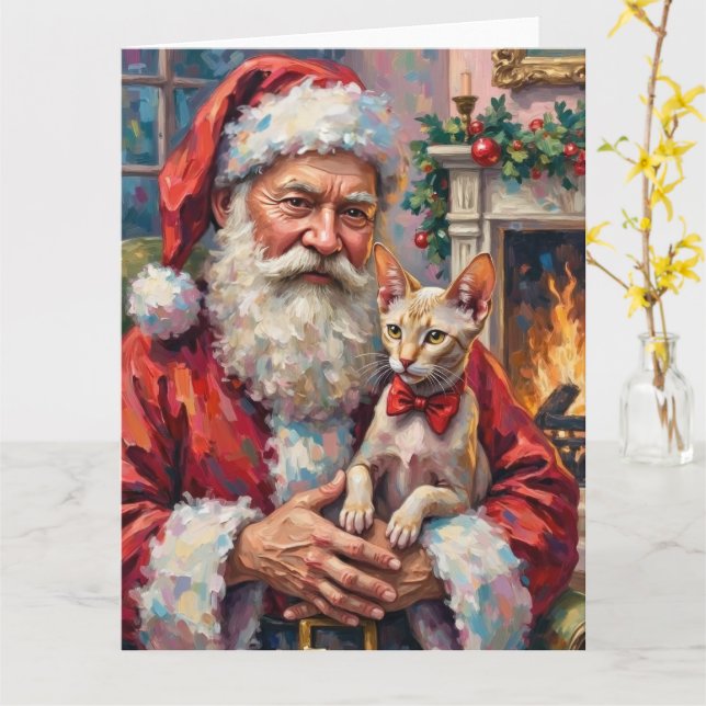 Tarjeta Santa Claus Holding Sphynx Cat Christmas Art (flor amarilla)