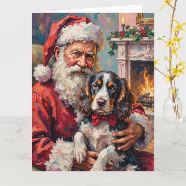 Tarjeta Santa Claus Holding Springer Spaniel Christmas Art (flor amarilla)