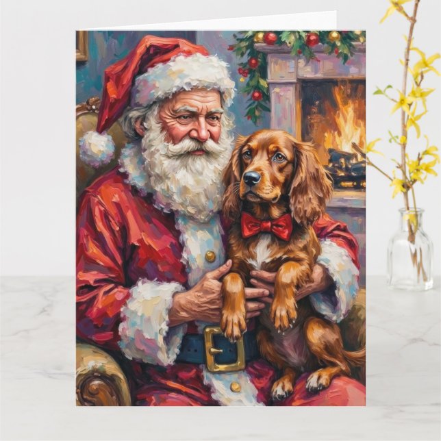 Tarjeta Santa Claus Holding Sussex Spaniel Christmas Art (flor amarilla)