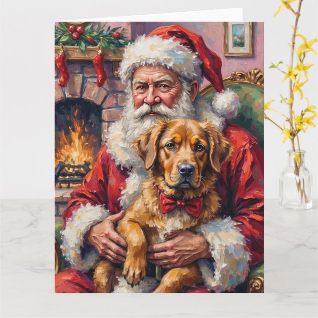 Tarjeta Santa Claus Holding Tibetan Mastiff Christmas Art (flor amarilla)