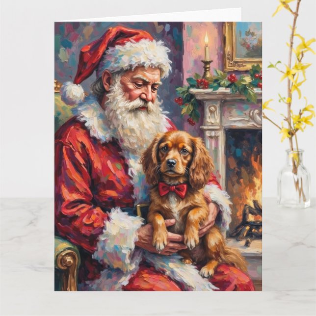 Tarjeta Santa Claus Holding Tibetan Spaniel Christmas Art (flor amarilla)
