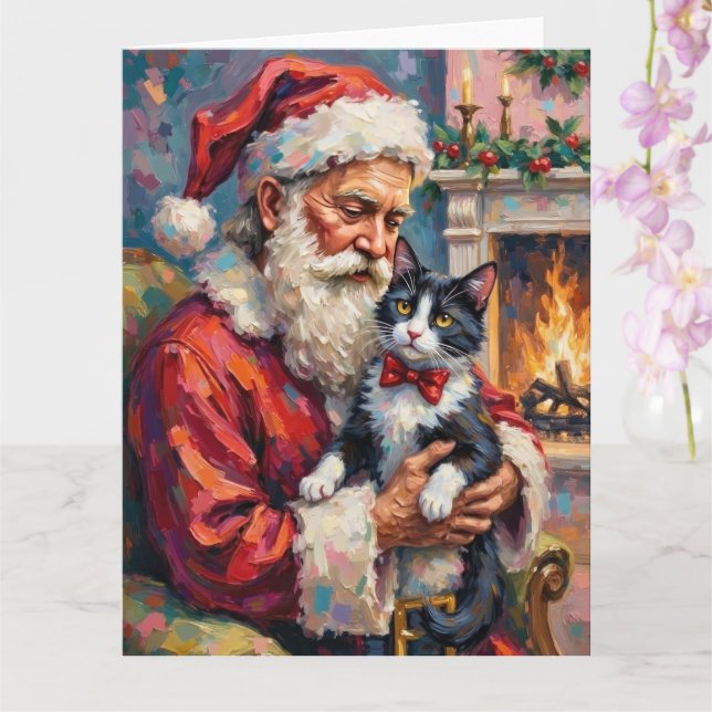 Tarjeta Santa Claus Holding Tuxedo Cat Christmas Art (Orquídea)