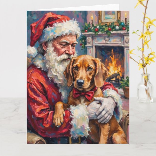 Tarjeta Santa Claus Holding Vizsla Christmas Art (flor amarilla)