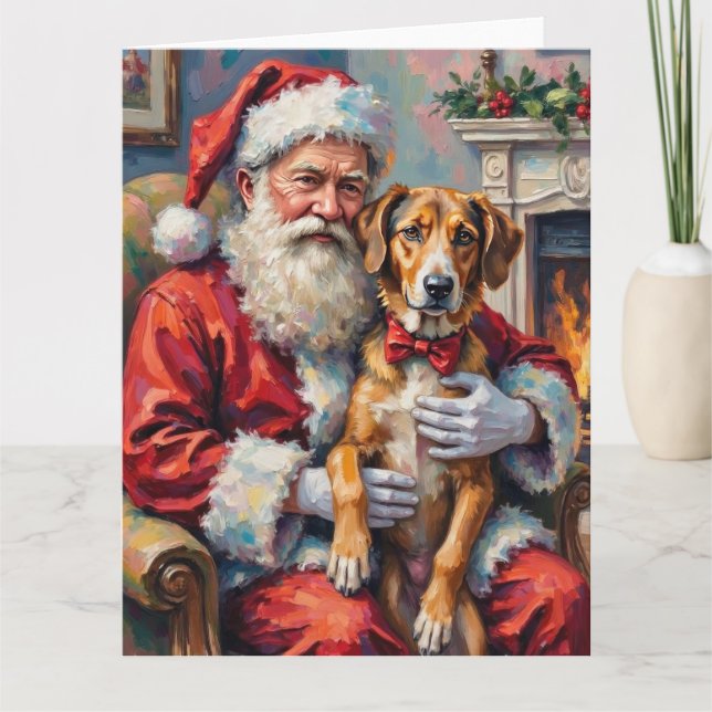 Tarjeta Santa Claus Holding Wolfhound Christmas Art (Anverso)