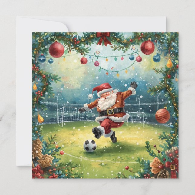 Tarjeta Santa Claus juega al fútbol en el campo de los Nav (Anverso)