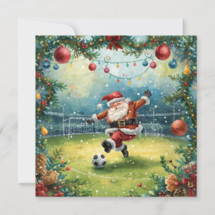 Tarjeta Santa Claus juega al fútbol en el campo de los Nav