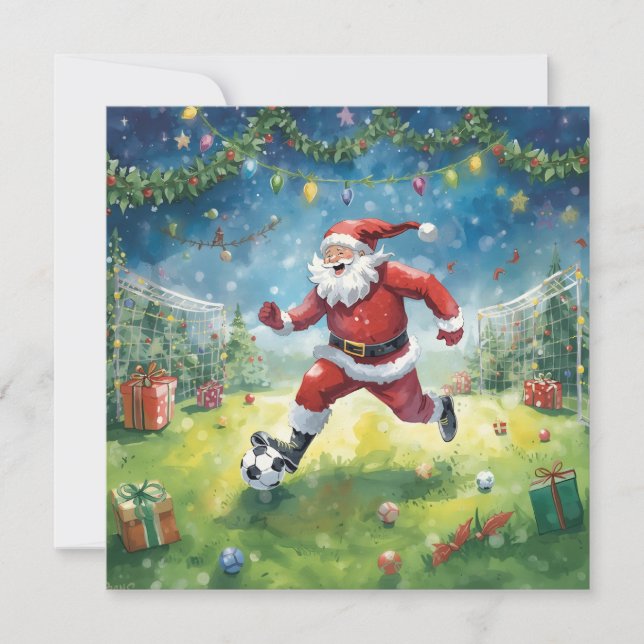 Tarjeta Santa Claus juega al fútbol en el campo de los Nav (Anverso)