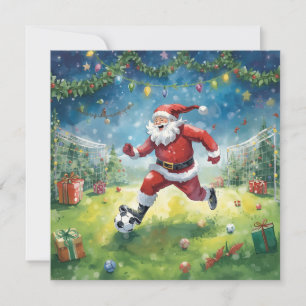 Tarjeta Santa Claus juega al fútbol en el campo de los Nav
