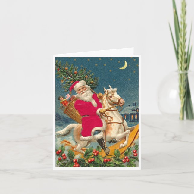 Tarjeta Santa Claus on a wooden horse (Anverso)