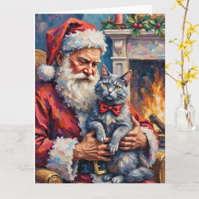 Tarjeta Santa Claus Oriental Blue Cat Christmas Art (flor amarilla)