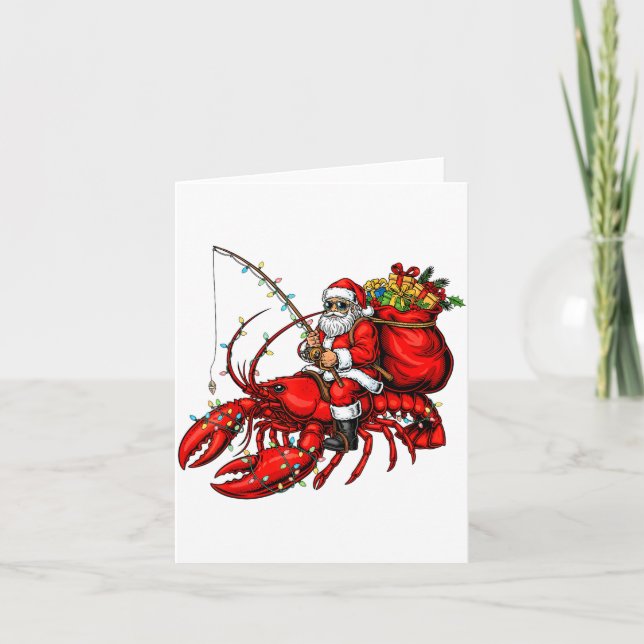 Tarjeta Santa Claus Riding Lobster Lights Christmas Fishin (Anverso)