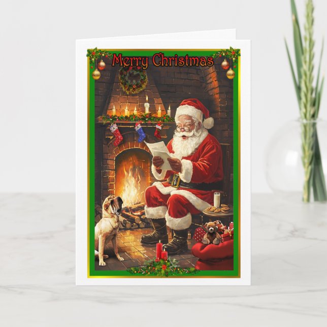 Tarjeta Santa Claus se está leyendo la carta de un niño (Anverso)
