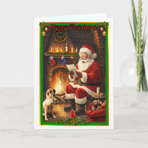 Tarjeta Santa Claus se está leyendo la carta de un niño