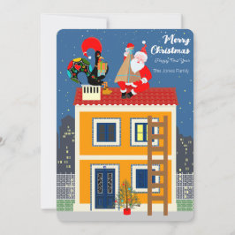 Tarjeta Santa Claus se reúne con el gallo de Portugal