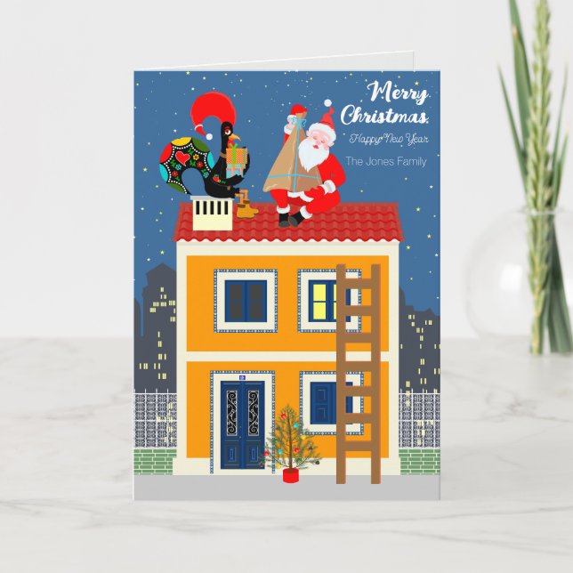 Tarjeta Santa Claus se reúne con el gallo de Portugal (Anverso)