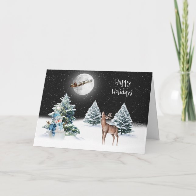 Tarjeta Santa Claus Sleigh y Deer a la luz de la luna (Anverso)