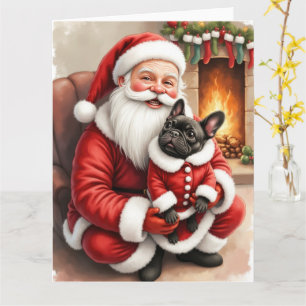 Tarjeta Santa Claus sosteniendo arte navideño de Bulldog F