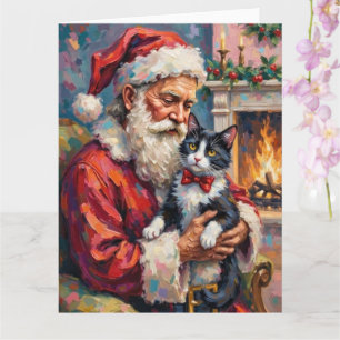 Tarjeta Santa Claus sosteniendo arte navideño de gato esmo