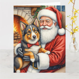 Tarjeta Santa Claus sosteniendo Navidad de Australian Shep