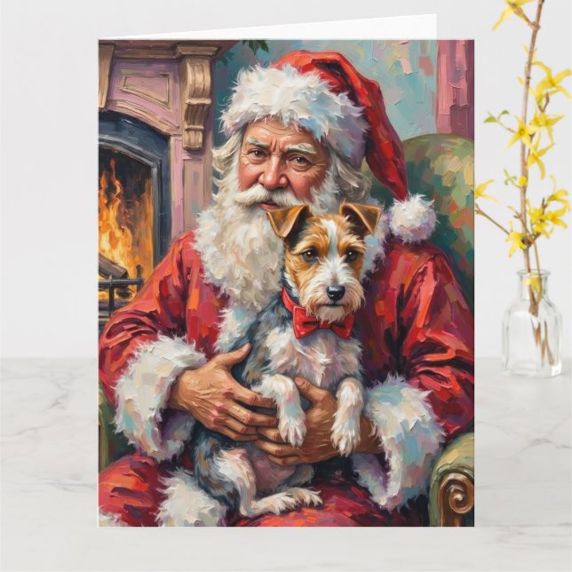 Tarjeta Santa Claus sosteniendo Wirefox Terrier Arte de Na (flor amarilla)