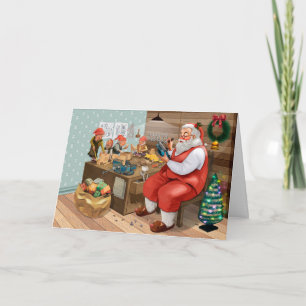 Tarjeta Santa Claus Trabajando Dibujado a Mano