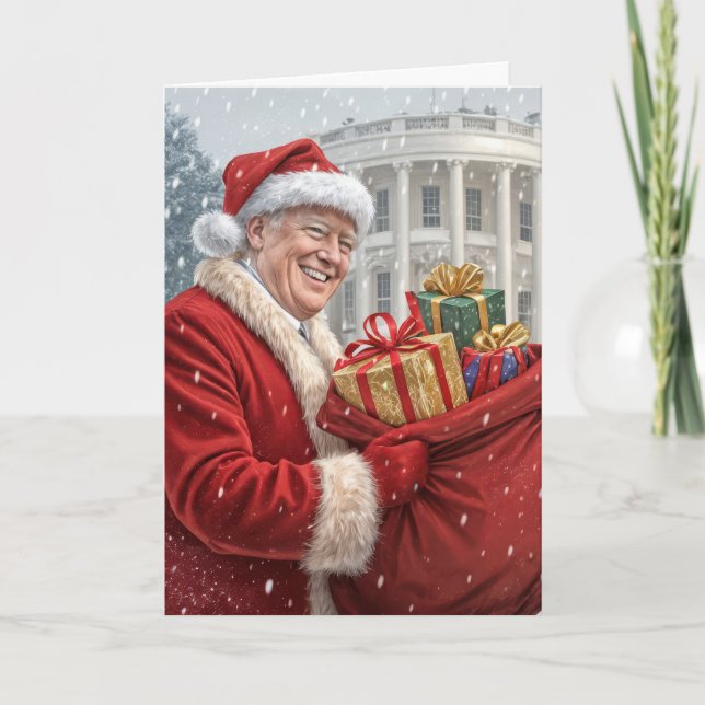 Tarjeta Santa Claus Trump con bolsa de regalo (Anverso)