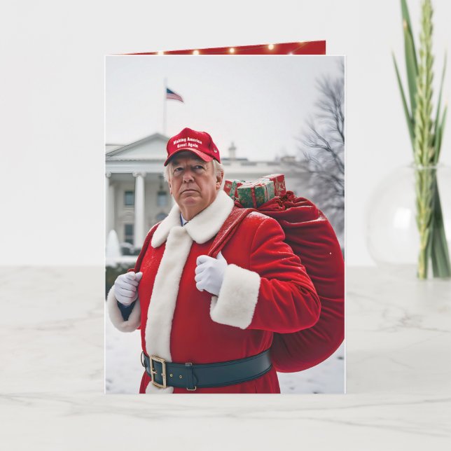 Tarjeta Santa Claus Trump con saco de regalo rojo (Anverso)