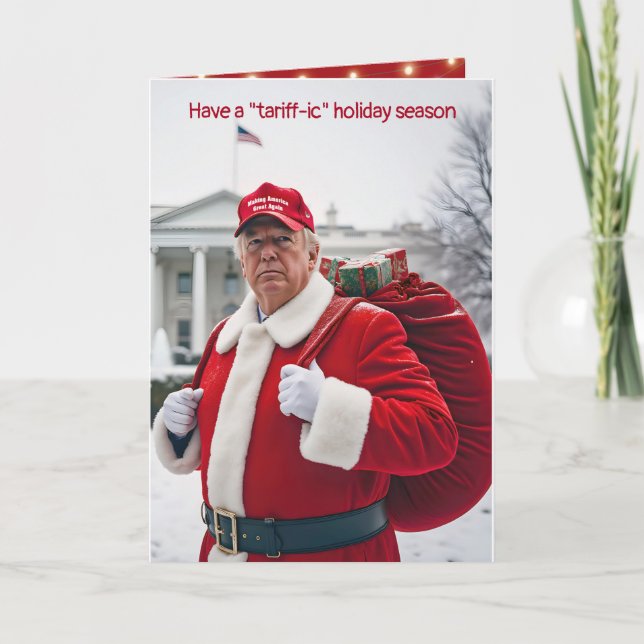 Tarjeta Santa Claus Trump con saco de regalo rojo (Anverso)