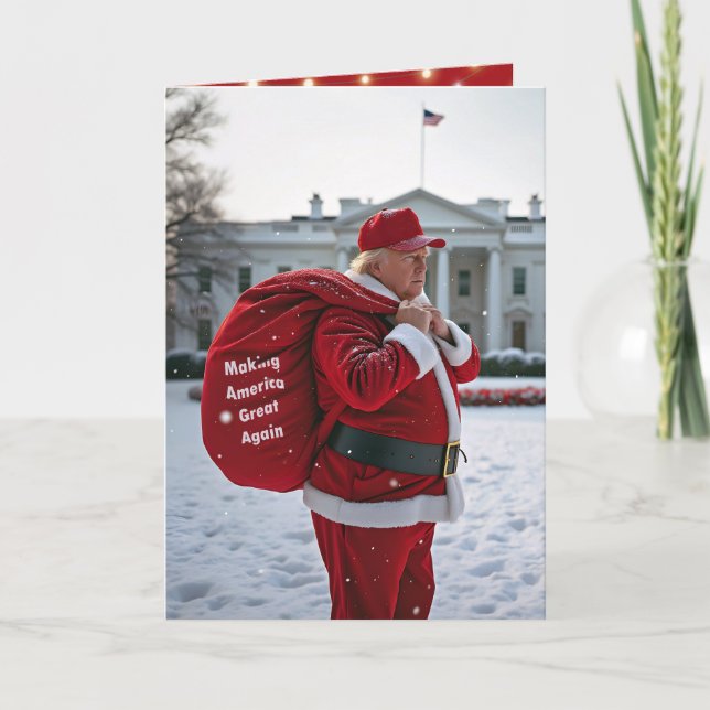 Tarjeta Santa Claus Trump con saco de regalo rojo (Anverso)