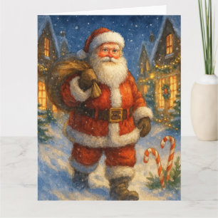 Tarjeta Santa Claus Vintage en Pueblo Nevado