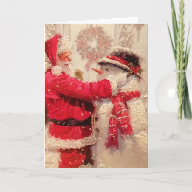 Tarjeta Santa Claus y el muñeco de nieve en la nevada (Anverso)