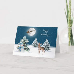 Tarjeta Santa Claus y Sleigh Deer a la luz de la luna