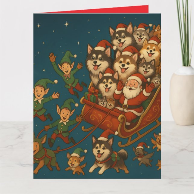 Tarjeta ¡Santa con cachorros y elfos alegres! (Anverso)