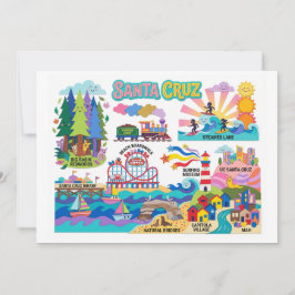 Tarjeta Santa Cruz Illustrated Map Boardwalk Beach Surfing
