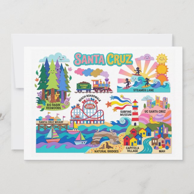 Tarjeta Santa Cruz Illustrated Map Boardwalk Beach Surfing (Anverso)