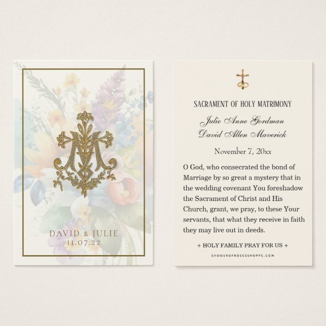 Tarjeta Santa de Cruz Mariana de Boda Floral (Anverso y reverso)