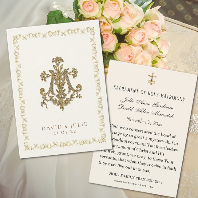 Tarjeta Santa de Cruz Mariana de Boda Floral (Easy to personalize Marian Cross wedding prayer cards)