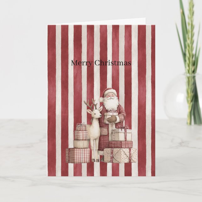 Tarjeta Santa Deer Gifts Red Cream Stripes Christmas    (Anverso)