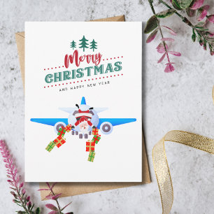 Tarjeta Santa divertido de Navidad en avión y foto