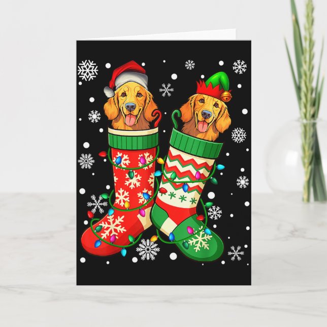 Tarjeta Santa Elf Golden Retriever Dog In Christmas Socks  (Anverso)
