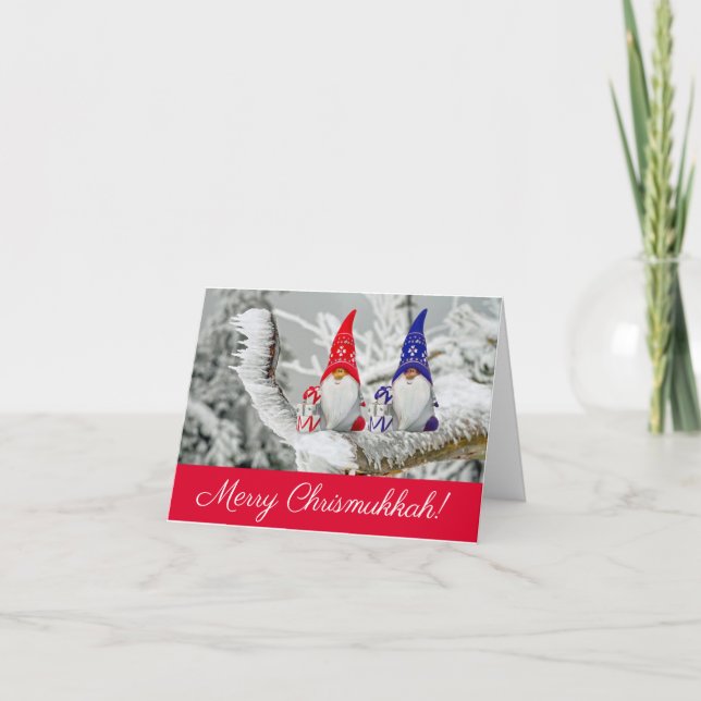 Tarjeta Santa Elves Rojo y Azul Feliz Chrismukkah (Anverso)