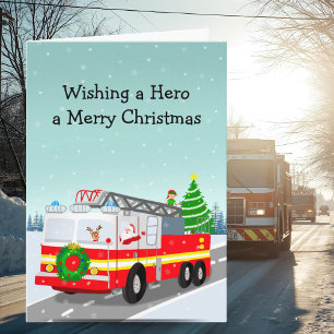 Tarjeta Santa en camión de bomberos héroe de la Navidad