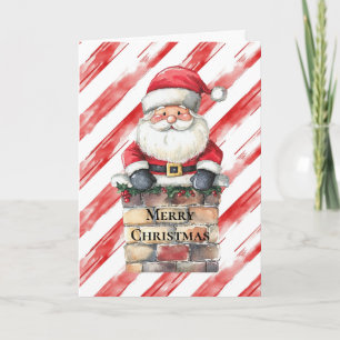 Tarjeta Santa en chimenea rayas rojas Navidad