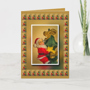 Tarjeta Santa encima del árbol de Navidad, blanco dorado